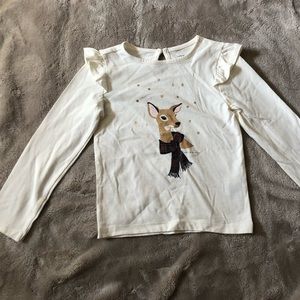 Janie and Jack White Winter Deer Long Sleeve Shirt with Ruffles